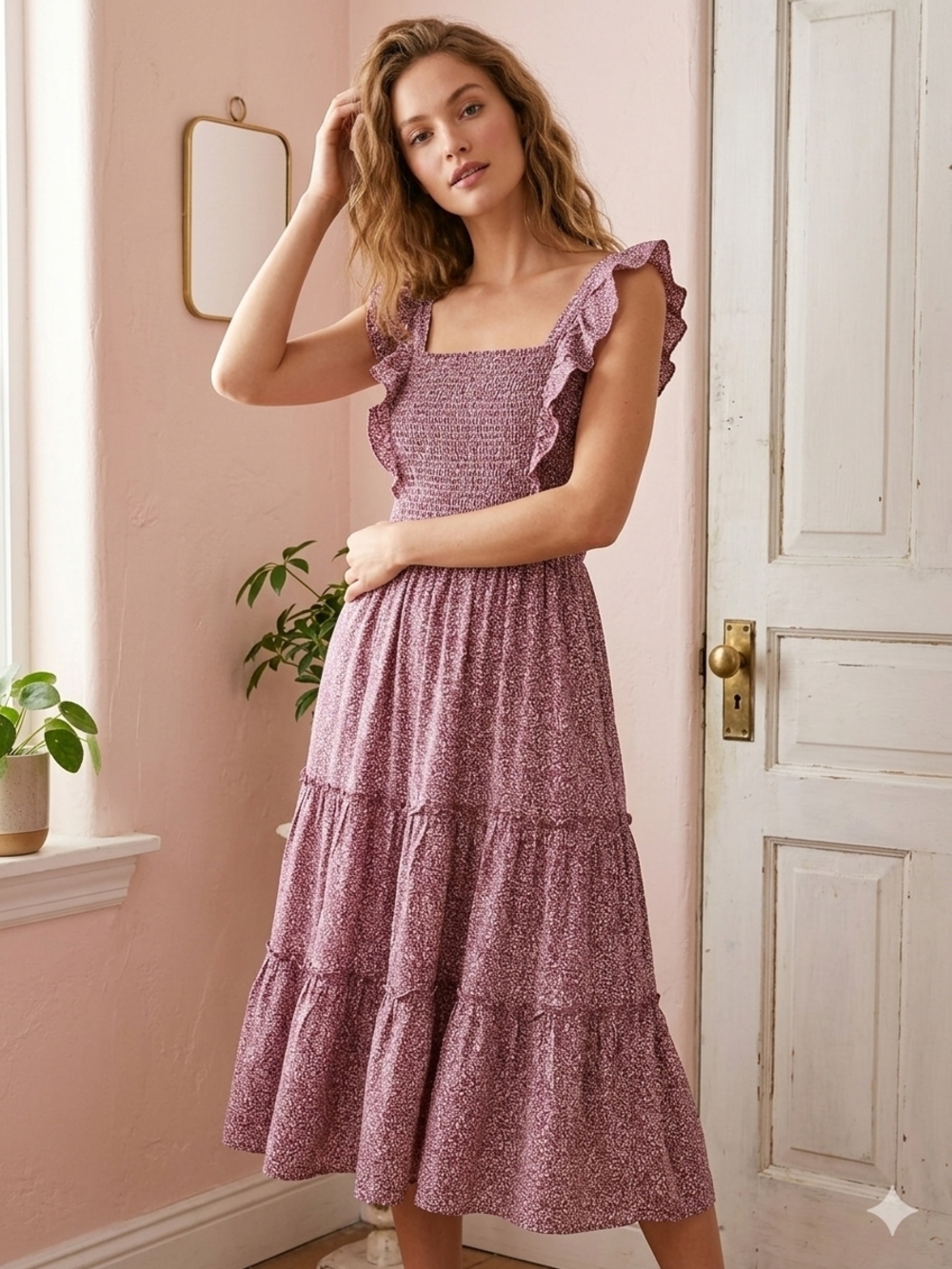 Universal Thread Pink Floral Smocked Tiered Midi Dress – Flutter Sleeve – Pocket